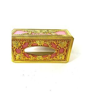 Ornate Gold and Pink Rose Filigree Tissue Box Cover Baroque Style Decor